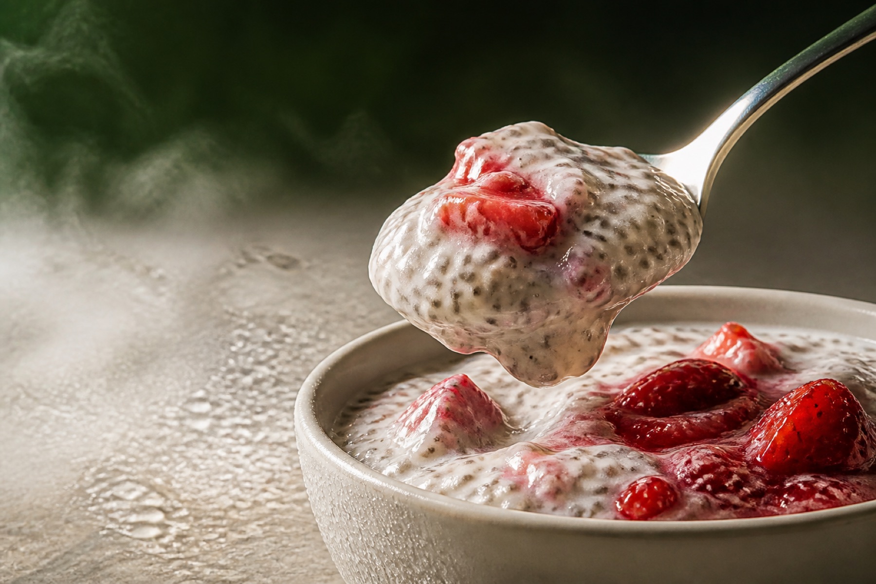 A chilled spoonful of creamy chia with real strawberry