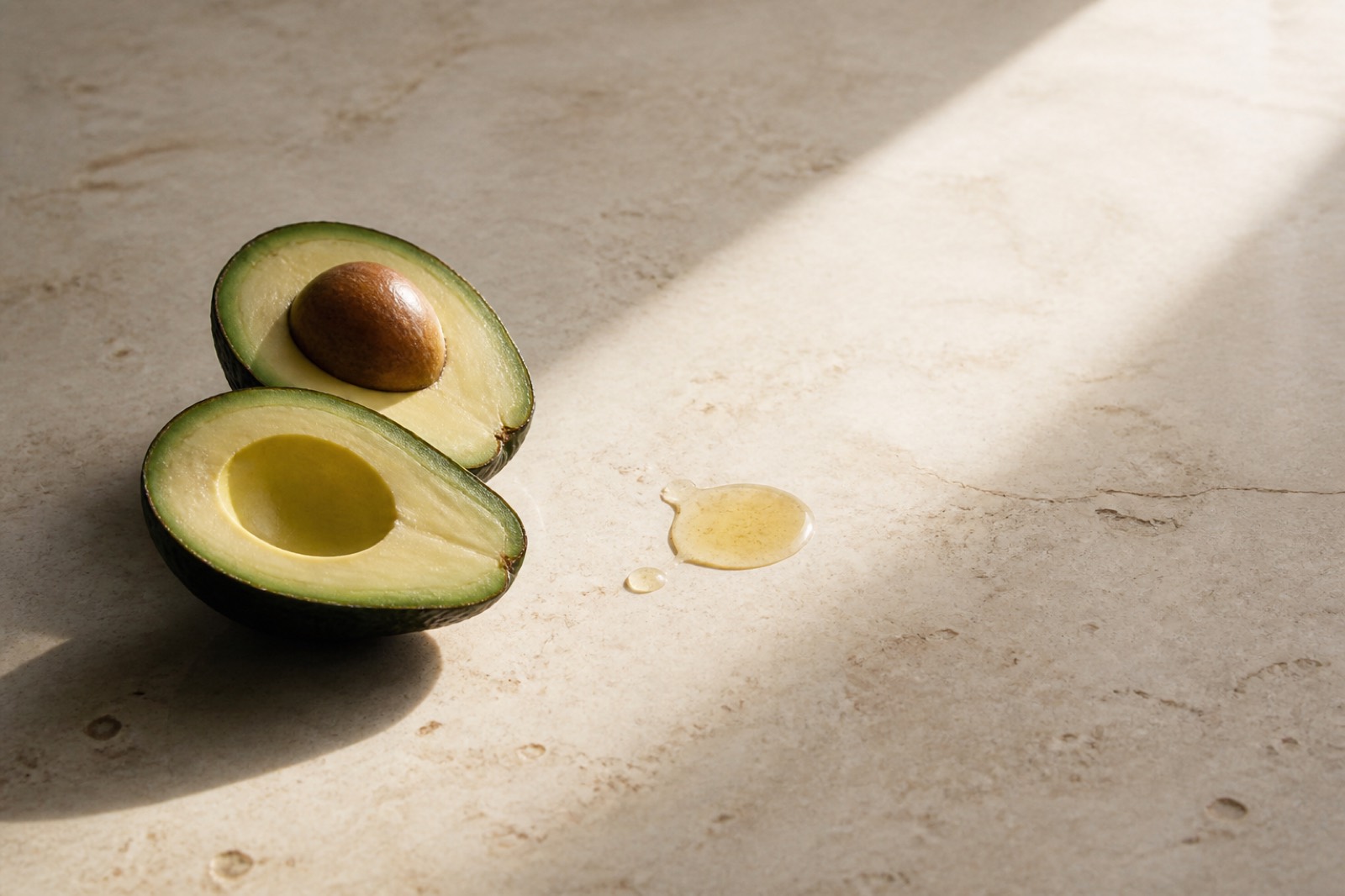 Avocado and cold-pressed oil on raw stone in natural light