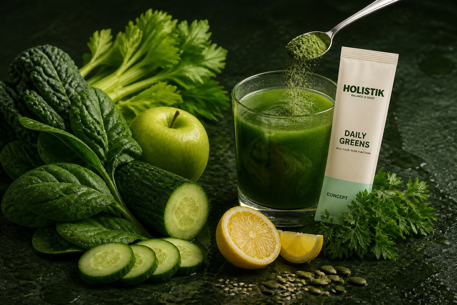 Recognizable greens, vegetables, fruit and seeds beside a freshly mixed green drink